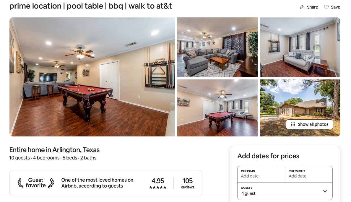 Prime Location | Pool Table | BBQ | Walk to AT&T Stadium — live Airbnb listing